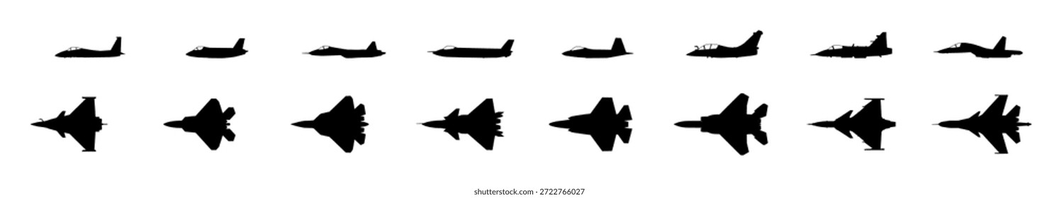 Flugzeug Icon Silhouetten Zusammenstellung mit Fighter Aircraft, Sammlung Symbol Bundle Symbol Silhouette Vektorsymbol. Vektorgrafik.