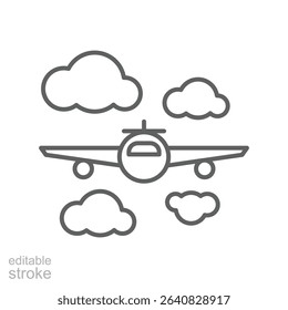 Airplane Icon in Sky Outline Style with Clouds Thin Line Editable Stroke