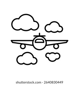 Airplane Icon in Sky Outline Style with Clouds Thin Line