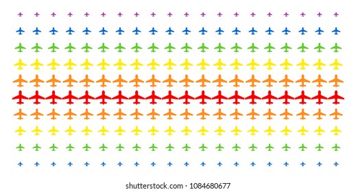 Airplane icon spectral halftone pattern. Vector items organized into halftone grid with vertical spectrum gradient. Designed for backgrounds, covers, templates and abstraction concepts.