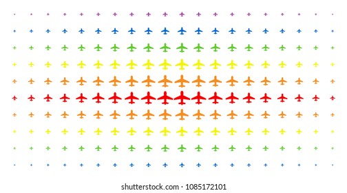 Airplane icon spectrum halftone pattern. Vector airplane shapes are organized into halftone grid with vertical spectral gradient. Constructed for backgrounds, covers, templates and abstract effects.