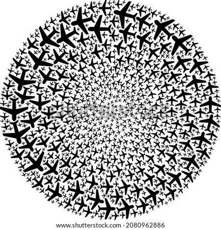 Airplane icon spin round mosaic. Airplane symbols are arranged into globula curl mosaic structure. Abstraction round globula mosaic combined from regular airplane items.