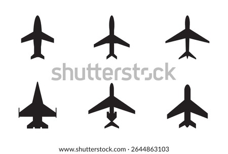 Airplane icon takeoff logo black pictogram set vector or plane take off flying silhouette shape graphic simple plain clipart symbol, airport airline jet circle sign, aeroplane thin line outline art