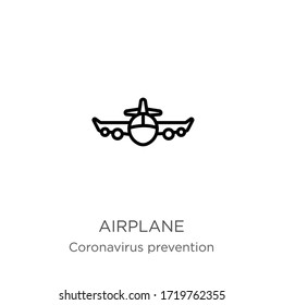 Airplane icon. Thin linear airplane outline icon isolated on white background from Coronavirus Prevention collection. Modern line vector sign, symbol, stroke for web and mobile