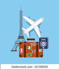 airplane icon with travel suit case and eiffel tower icons over blue background. colorful design. vector illustration