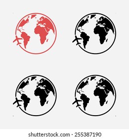 Airplane icon travel. Trip round the world.