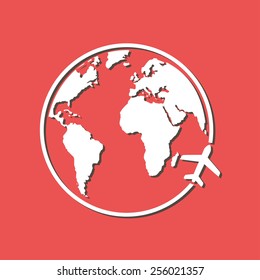 Airplane icon travel. Trip round the world.