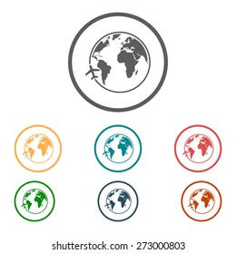 Airplane icon travel. Trip round the world.