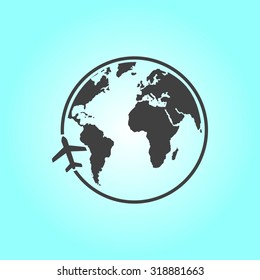Airplane icon travel. Trip round the world.