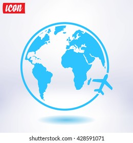 Airplane icon travel. Trip round the world.