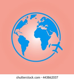 Airplane icon travel. Trip round the world.