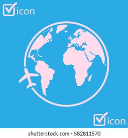 Airplane icon travel. Trip round the world. Flat design style.
