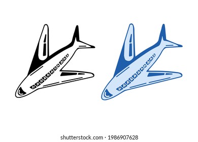 Icono del avión en dos versiones - contorno en blanco y negro, azul. Ilustración vectorial dibujada a mano. Vehículo aéreo para logo, pancarta, diseño de afiches.
