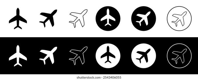 Airplane icon vector illustration, Flight transport symbol, Airplane icon set, Aircraft vector sign, Airport arrival departure symbol, Plane icon set, Travel symbol, Aero plane symbol, Aeroplane icon.