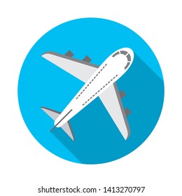 Airplane icon vector image. Airplane round logo. Flat icon. Fly, relax, sea, rest. Black and white image in a blue circle.
