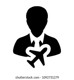 Airplane icon vector male user person profile avatar symbol for transportation in flat color glyph pictogram illustration