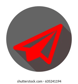 Airplane icon. Vector. Red icon with reddish shadow on dark gray circle at white background. Isolated.