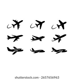 Airplane Icon Vector Set, Flight Silhouette Collection, Travel Plane Symbol, Editable Aviation Logo Design