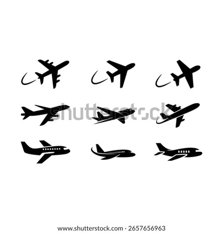 Airplane Icon Vector Set, Flight Silhouette Collection, Travel Plane Symbol, Editable Aviation Logo Design