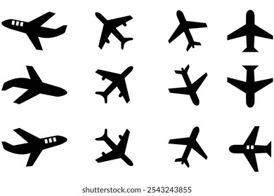 Airplane icon, vector set. Plane icon, logo design. Aircraft vector sign symbol. Silhouettes of airplanes vector. Travel and transport icon, symbol. Cargo, aviation, airliner, Vector illustration.