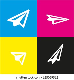 Airplane icon. Vector. White icon with isometric projections on cyan, magenta, yellow and black backgrounds.