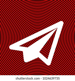 Airplane icon. Vector. White icon on red and black radial pattern as background. Isolated.