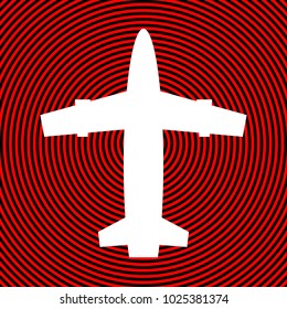 Airplane icon. Vector. White icon on red and black radial pattern as background. Isolated.