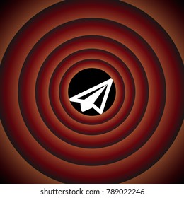 Airplane icon. Vector. White icon on black circle in gradient rings.