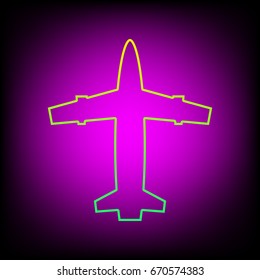 Airplane icon. Vector. Yellow-green gradient linear icon on magenta light as background