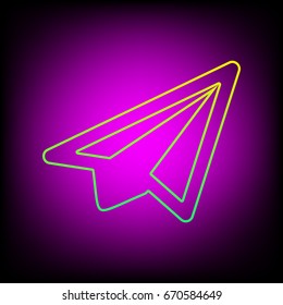 Airplane icon. Vector. Yellow-green gradient linear icon on magenta light as background