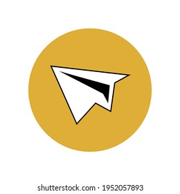 Airplane icon in a yellow circle. A telegram or paper letter arrived. In-app message delivery. User interface button for smartphone. Vector illustration