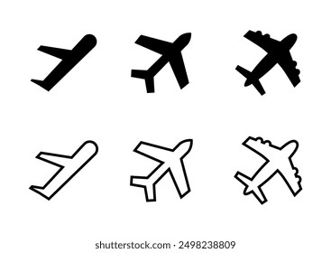 Airplane icons. Aeroplane outline symbols. Isolated vector air traffic, airport or plane silhouettes.