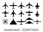 Airplane icons. Aircraft silhouettes flying jet, motor plane and drone military and commercial aviation pictogram. Aeroplane top view, air vehicles vector set. Sky flight, transport symbol