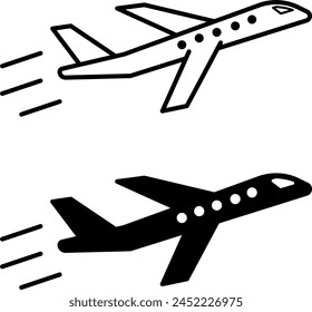 Airplane icons. Black and White Vector Icon of Flying Passenger Airplane. Travel and Tourism. Airline. Air Transport Concept