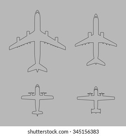 Airplane icons collection. Outline aircraft shapes set. Jet and propeller airliners. Grey background with vector liners. Black line passenger airplane illustration. 