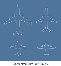Airplane icons collection. Outline aircraft shapes set. Jet and propeller airliners. Blue background with vector liners. Black line passenger airplane illustration. 
