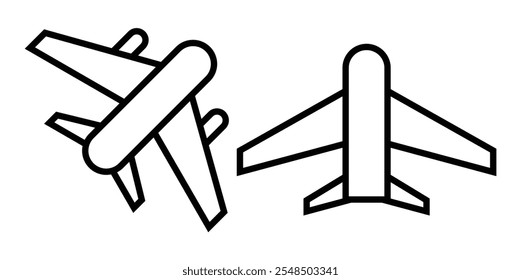 Airplane icons, perfect for travel, aviation, or transportation designs. Their clean line art makes them ideal for websites, apps, and branding, blending simplicity with versatility. Vector Concept.