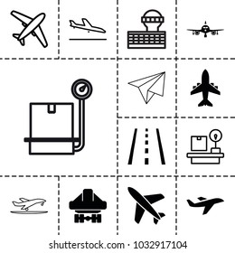 Airplane icons. set of 13 editable filled and outline airplane icons such as plane, cargo plane back view, plane landing, lugagge weight, runway