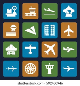 airplane icons set. Set of 16 airplane filled icons such as plane, plane landing, plane seats, airport, airport tower