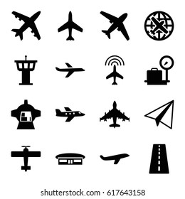 Airplane icons set. set of 16 airplane filled icons such as plane, runway, lugagge weight, airport