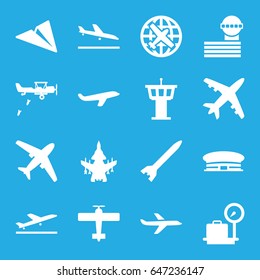 Airplane icons set. set of 16 airplane filled icons such as plane taking off, plane landing, lugagge weight, airport tower, airport
