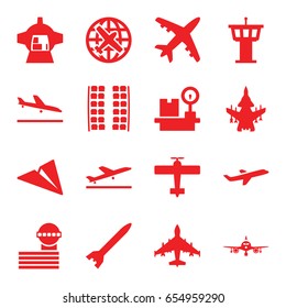 Airplane icons set. set of 16 airplane filled icons such as plane taking off, plane landing, plane, airport tower, lugagge weight