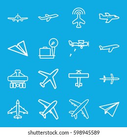 airplane icons set. Set of 16 airplane outline icons such as plane, lugagge weight