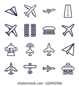 Airplane icons set. set of 16 airplane outline icons such as plane, runway, plane seats, airport