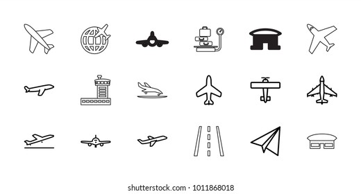 Airplane icons. set of 18 editable outline airplane icons: plane, plane taking off, paper airplane, runway, plane landing, lugagge weight