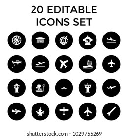Airplane icons. set of 20 editable filled airplane icons such as plane, plane taking off, plane landing, airport. best quality airplane elements in trendy style.