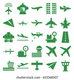 Airplane icons set. set of 25 airplane filled icons such as runway, plane, plane taking off, plane landing, lugagge weight, airport