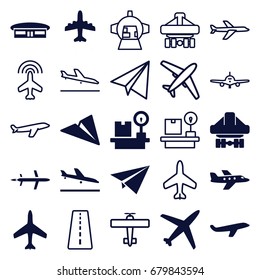 Airplane icons set. set of 25 airplane filled and outline icons such as plane, plane landing, airport, cargo plane back view, lugagge weight, paper plane