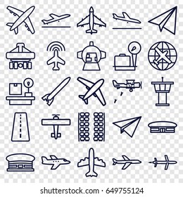 Airplane icons set. set of 25 airplane outline icons such as runway, plane, plane taking off, plane landing, plane seats, lugagge weight, airport, airport tower
