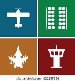 Airplane icons set. set of 4 airplane filled icons such as plane seats, airport tower